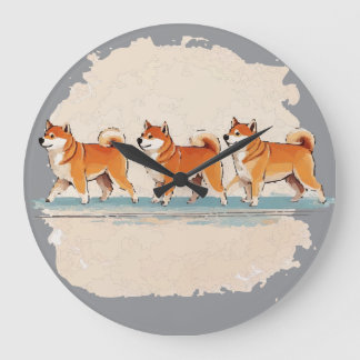cute shiba inu walking in line large clock