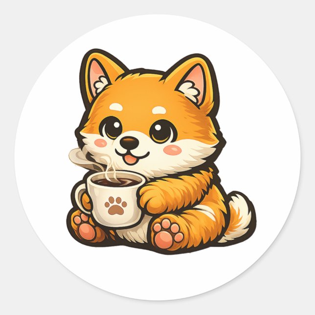 Cute Shiba Inu with Coffee – Cozy Dog Illustration Classic Round Sticker (Front)