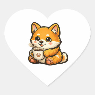 Cute Shiba Inu with Coffee – Cozy Dog Illustration Heart Sticker