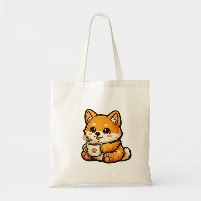 Cute Shiba Inu with Coffee – Cozy Dog Illustration Tote Bag (Front)