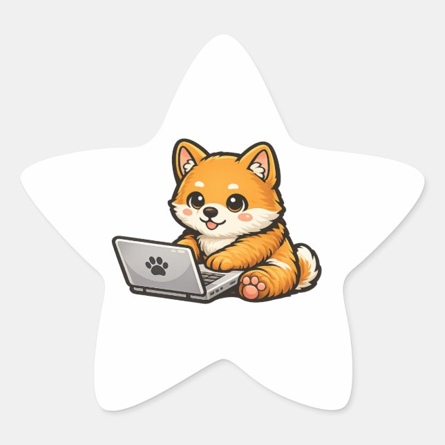 Cute Shiba Inu with Laptop – Cosy Dog Design Star Sticker (Front)