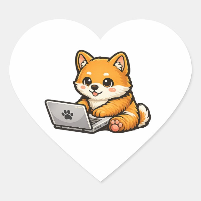 Cute Shiba Inu with Laptop – Cozy Dog Illustration Heart Sticker (Front)