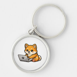 Cute Shiba Inu with Laptop – Cozy Dog Illustration Key Ring