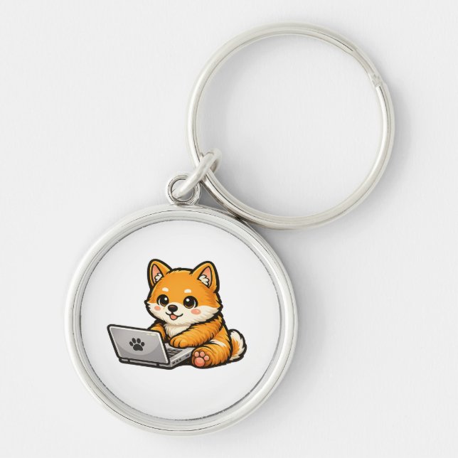 Cute Shiba Inu with Laptop – Cozy Dog Illustration Key Ring (Front)