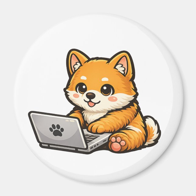 Cute Shiba Inu with Laptop – Cozy Dog Illustration Magnet (Front)