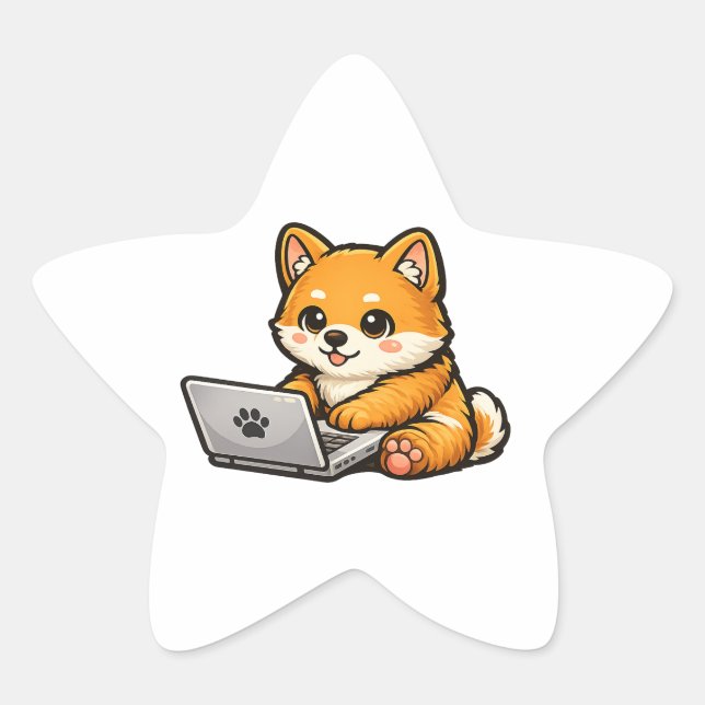 Cute Shiba Inu with Laptop – Cozy Dog Illustration Star Sticker (Front)