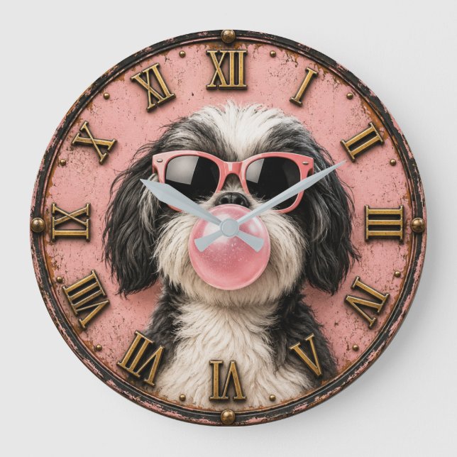 Cute Shih Tzu Blowing Pink Bubble Gum Large Clock (Front)
