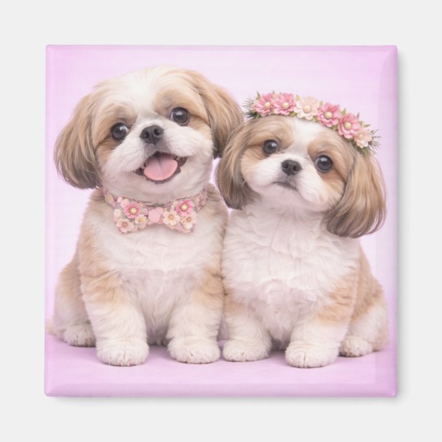 Cute Shih Tzu Couple Valentine Illustration Magnet (Front)