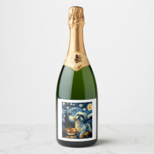 Cute Shih Tzu Dog Halloween Jack O Lantern Pumpkin Sparkling Wine Label