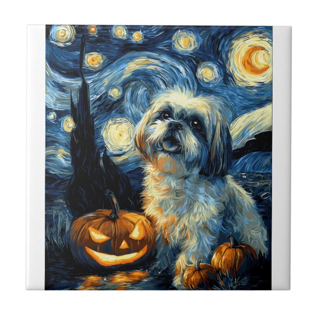 Cute Shih Tzu Dog Halloween Jack O Lantern Pumpkin Tile (Front)