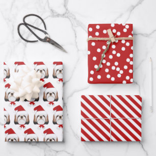 Cute Shih tzu Dog & Red Striped Christmas Wrapping Paper Sheet