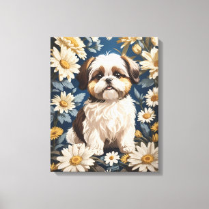 Cute Shih Tzu Dog White Daisy Flowers Canvas Print