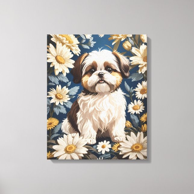 Cute Shih Tzu Dog White Daisy Flowers  Canvas Print (Front)