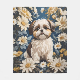 Cute Shih Tzu Dog White Daisy Flowers Fleece Blanket