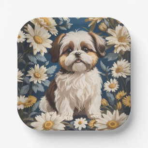 Cute Shih Tzu Dog White Daisy Flowers Paper Plate
