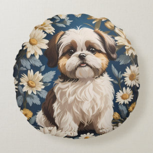 Cute Shih Tzu Dog White Daisy Flowers  Round Cushion