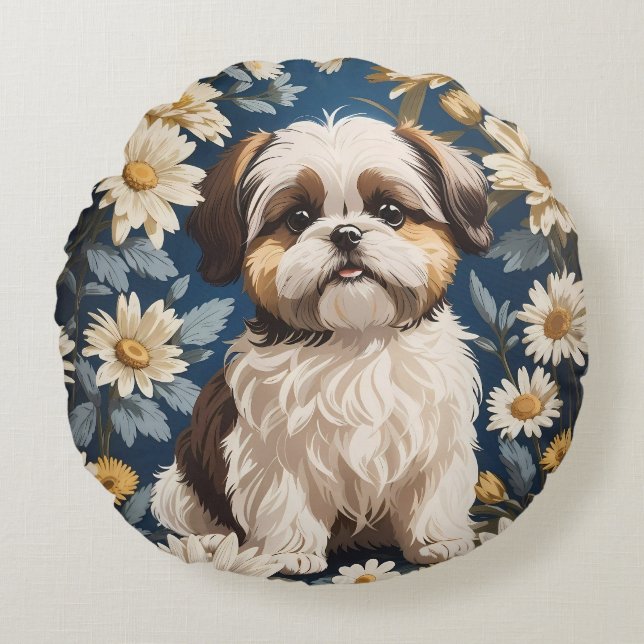 Cute Shih Tzu Dog White Daisy Flowers  Round Cushion (Front)
