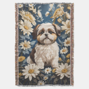 Cute Shih Tzu Dog White Daisy Flowers  Throw Blanket