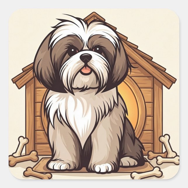 Cute Shih Tzu Illustration  Square Sticker (Brown and White Shih Tzu Stickers!)