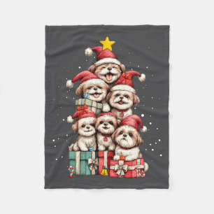 Cute Shih Tzu Le Dog Christmas Tree Xmas Hat Long  Fleece Blanket