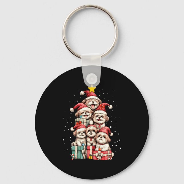 Cute Shih Tzu Le Dog Christmas Tree Xmas Hat Long  Key Ring (Front)