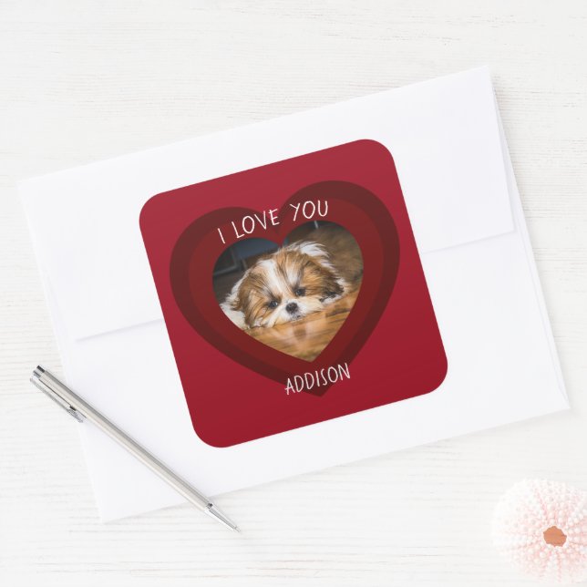 Cute shih tzu love Valentine heart photo Square Sticker (Envelope)