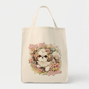 Cute Shih Tzu Mama Dog Lover Funny Retro Floral Tote Bag
