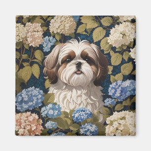 Cute Shih Tzu Puppy Blue hydrangea flowers Magnet