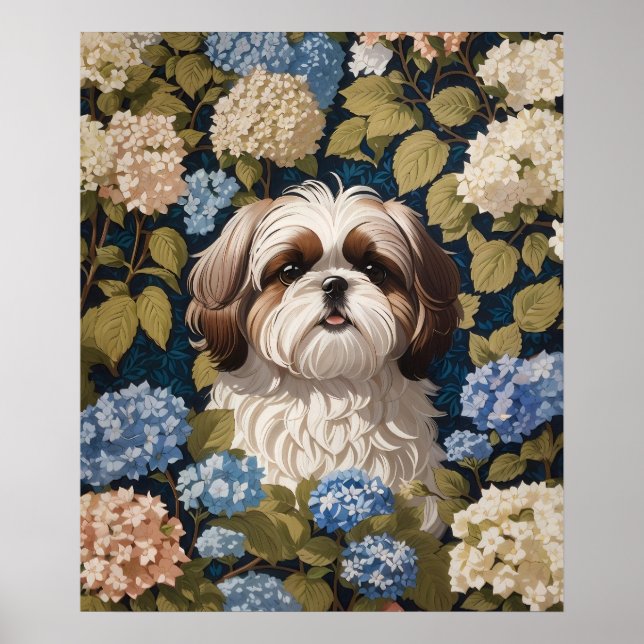 Cute Shih Tzu Puppy Blue hydrangea flowers Poster (Front)