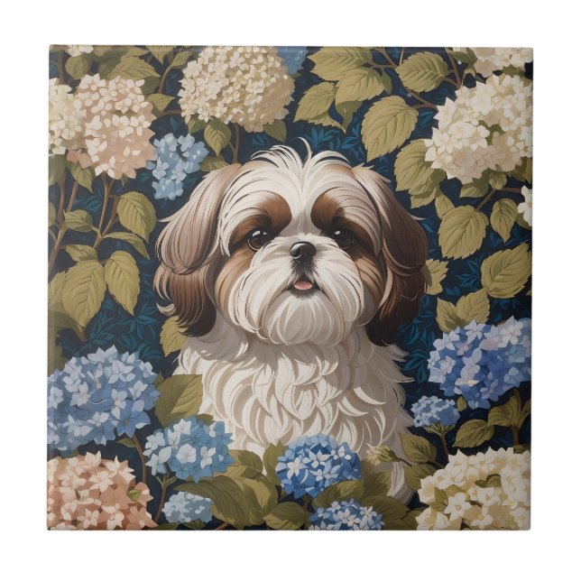 Cute Shih Tzu Puppy Blue hydrangea flowers Tile (Front)