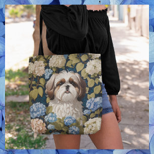 Cute Shih Tzu Puppy Blue hydrangea flowers Tote Bag
