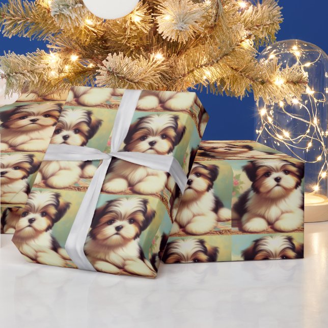 Cute Shih-Tzu Puppy Painting Wrapping Paper (Holidays)