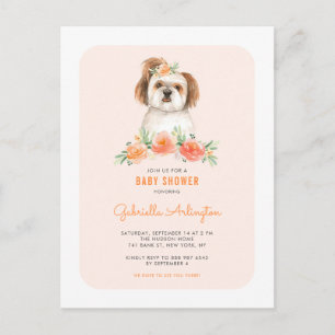 Cute Shih Tzu Watercolor Peach Floral Baby Shower Invitation Postcard