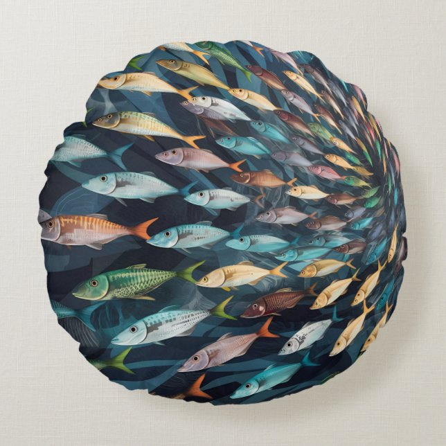 Cute shole of colorful fish round cushion (Front)