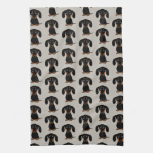Cute Short Haired Black and Tan Dachshund Pattern Tea Towel
