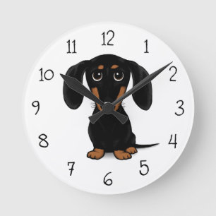 Cute Short Haired Black and Tan Dachshund Round Clock