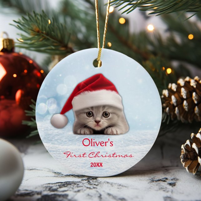 Cute Shorthair Cat Santa Hat Paw Personalised  Ceramic Tree Decoration (Creator Uploaded)