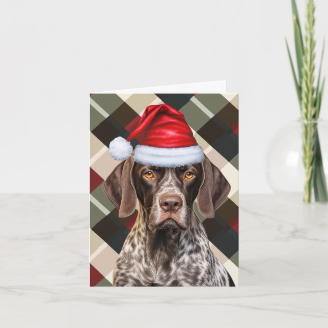 Cute Shorthair Pointer Santa Dog Red Green Plaid Holiday Card (Front)