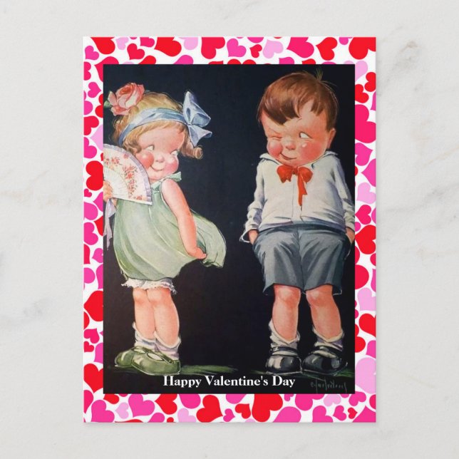 Cute & Shy Boy & Girl Vintage Valentine (copy) Postcard (Front)