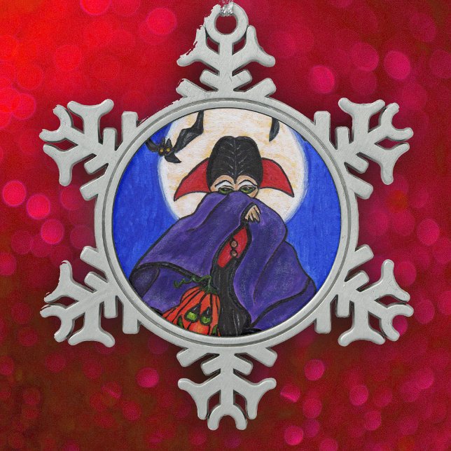 Cute Shy Little Vampire Bat Moon Pumpkin Halloween Snowflake Pewter Christmas Ornament (Cute little Dracula purple cape bats full moon pumpkin on snowflake hanging ornament.)