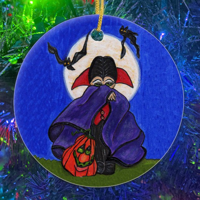 Cute Shy Little Vampire Bats Moon Ceramic Tree Decoration (Cute Dracula ornament.  Custom text on back)