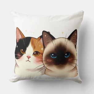 Cute Siamese & Calico Cat Portrait Duo Adorable Cushion