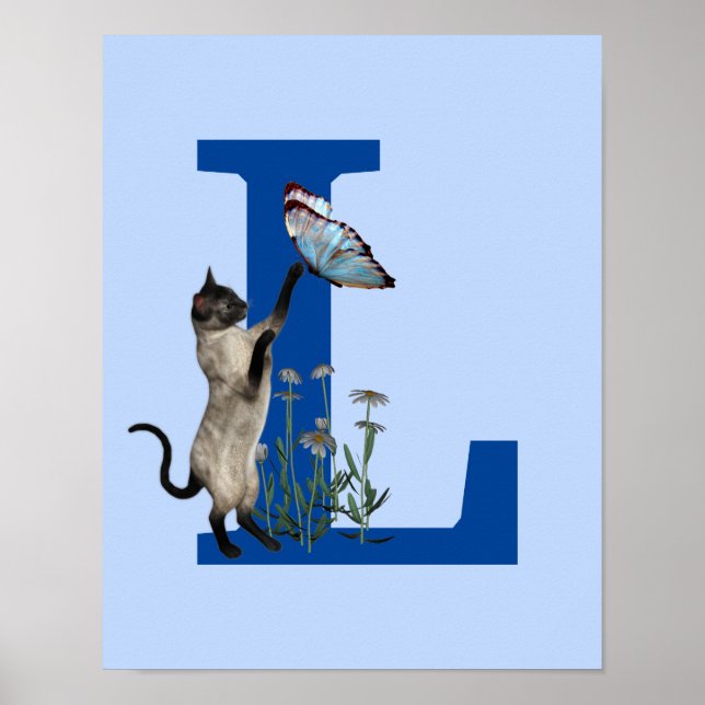 Cute Siamese Cat And Butterfly Monogram Initial L Poster (Front)