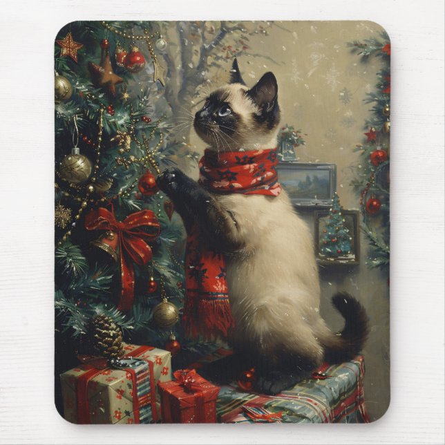 Cute Siamese Cat Christmas Vintage Mouse Pad (Front)