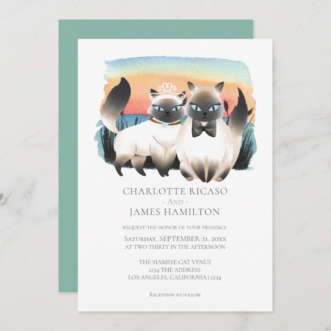 Cute Siamese Cat Couple Wedding Personalised Invitation (Front/Back)