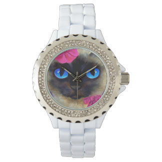 Cute Siamese Cat Elegant Pink Ribbon Illustration Watch