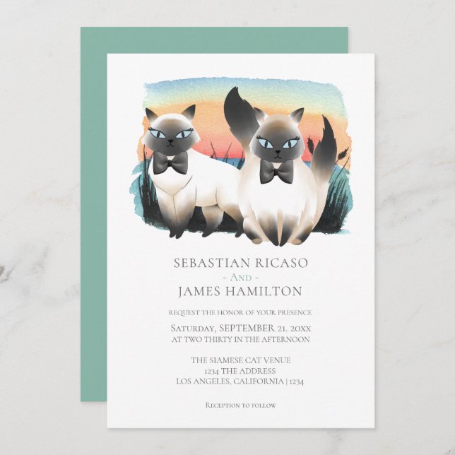 Cute Siamese Cat Gay Couple Wedding Personalised Invitation (Front/Back)
