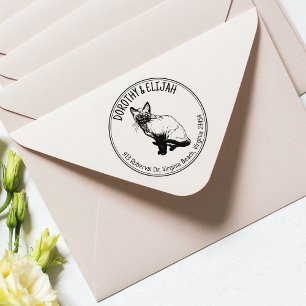 Cute Siamese Cat Return Address Couple, Circle Rubber Stamp