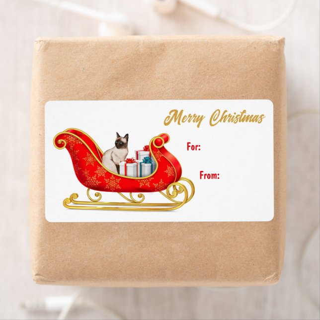 Cute Siamese Cat Sleigh Gift Tag (Insitu)