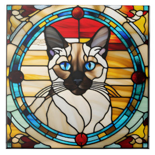 Cute Siamese Cat Stained Glass Decorative Tile